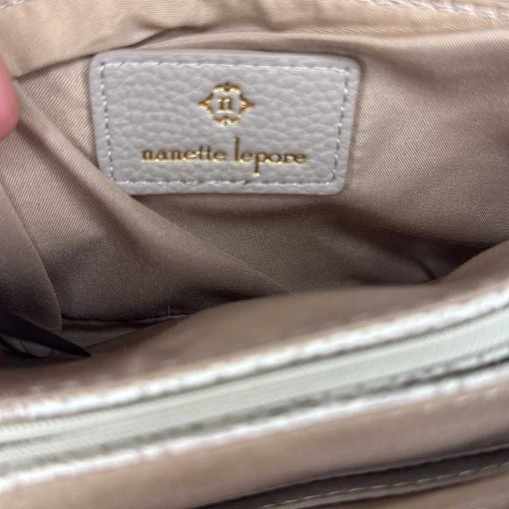 Nanette Lepore Triple Section Almond Pebble Faux Leather Monogram 2 Way Wear Bag